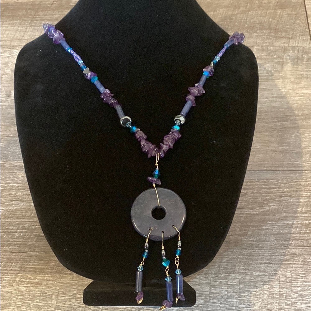 Amethyst Beaded Celestial Inspired Handmade Necklace with Circular Pendant